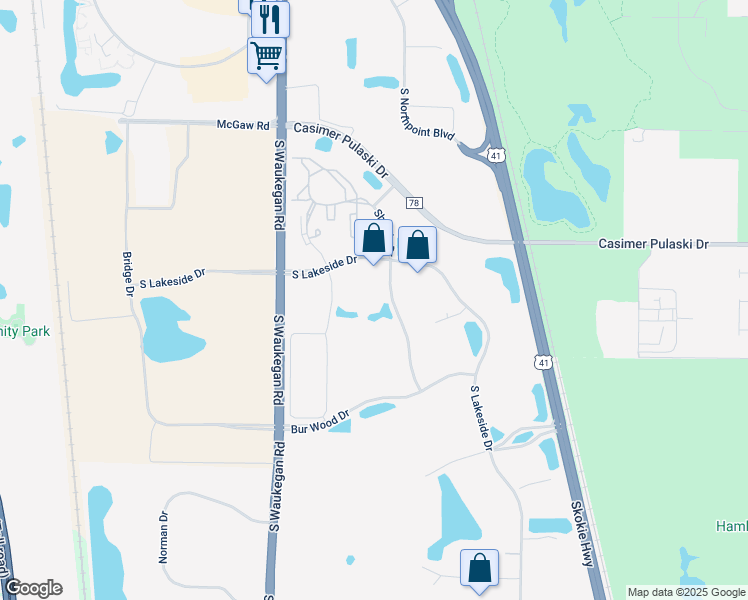 map of restaurants, bars, coffee shops, grocery stores, and more near 1530 Shields Drive in Waukegan