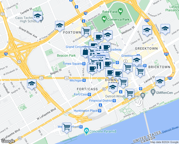 map of restaurants, bars, coffee shops, grocery stores, and more near 1119 Washington Boulevard in Detroit
