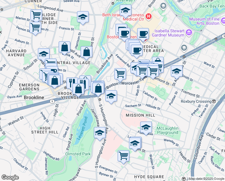 map of restaurants, bars, coffee shops, grocery stores, and more near 852 Huntington Avenue in Boston