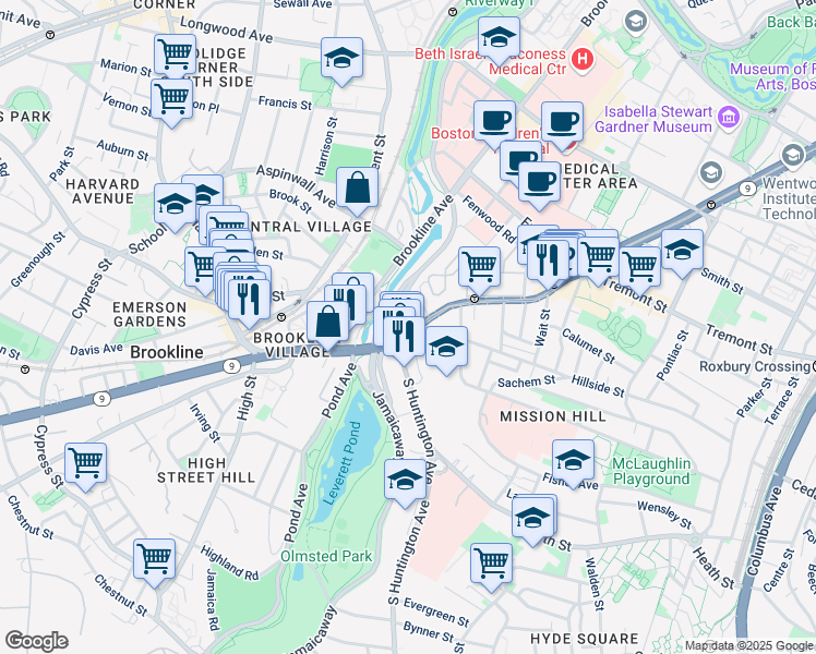 map of restaurants, bars, coffee shops, grocery stores, and more near 887 Huntington Avenue in Boston
