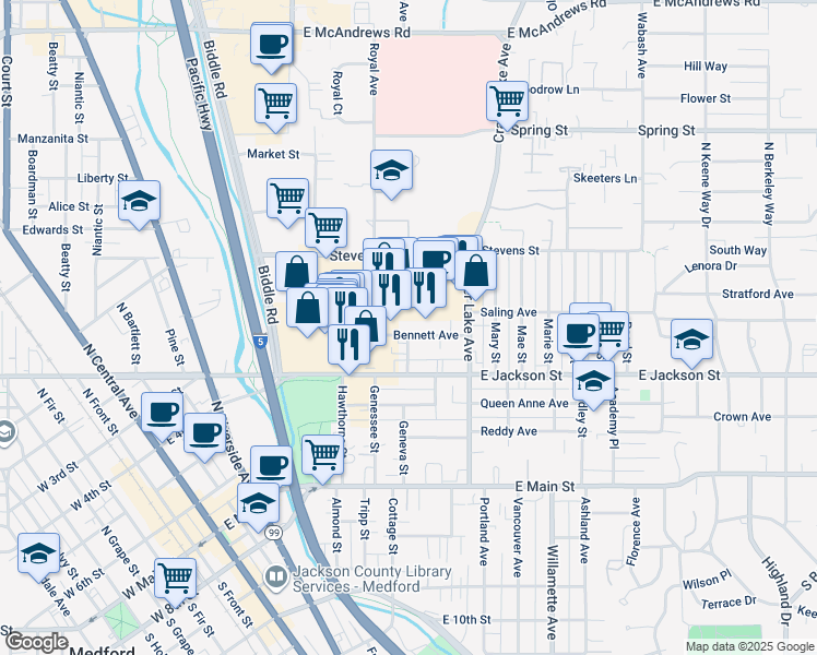 map of restaurants, bars, coffee shops, grocery stores, and more near 721 Bennett Avenue in Medford