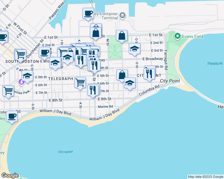 map of restaurants, bars, coffee shops, grocery stores, and more near 697 East 6th Street in Boston