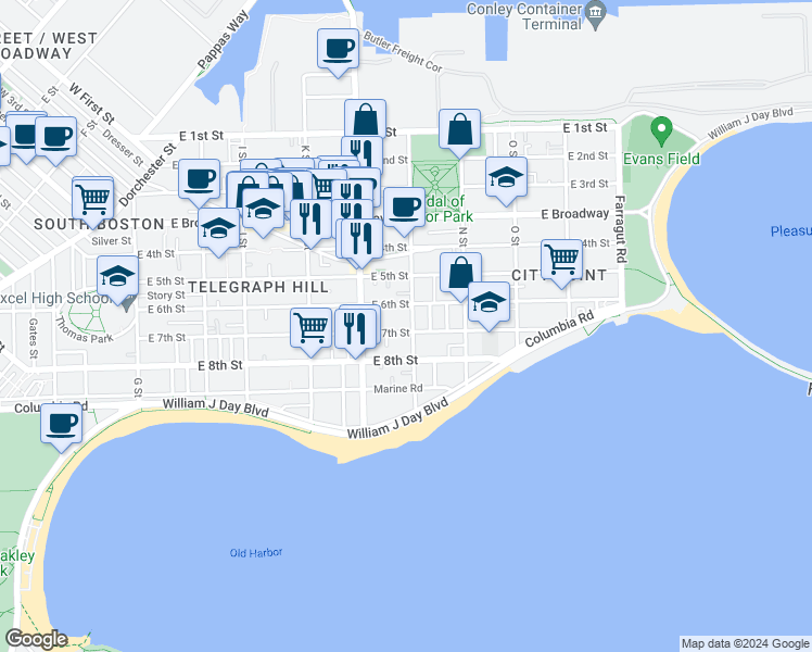 map of restaurants, bars, coffee shops, grocery stores, and more near 661 East 6th Street in Boston