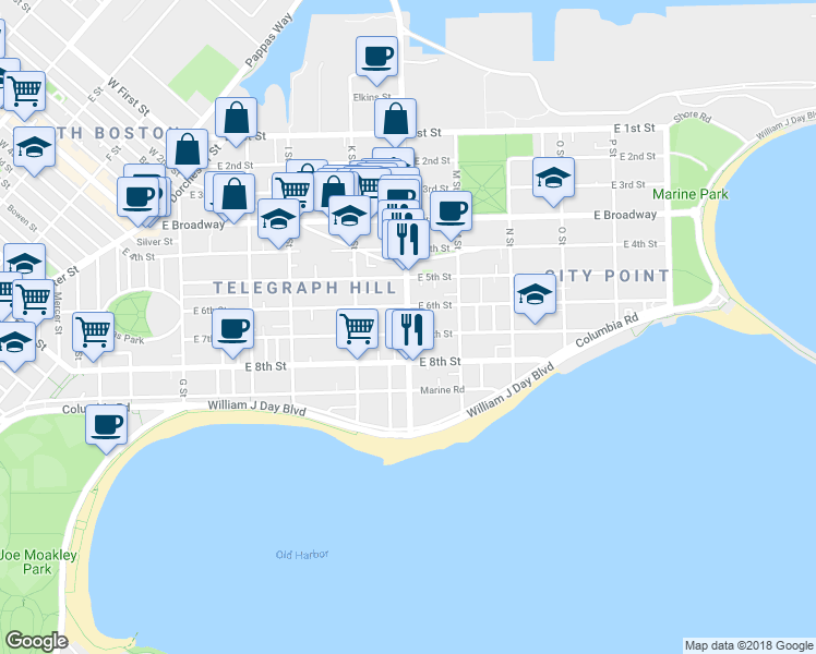 map of restaurants, bars, coffee shops, grocery stores, and more near 139 L Street in Boston