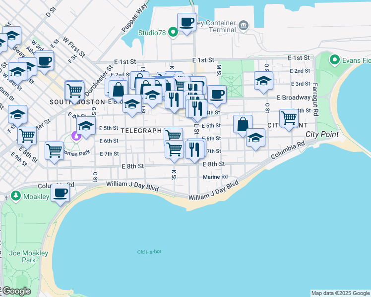 map of restaurants, bars, coffee shops, grocery stores, and more near 589 East 6th Street in Boston