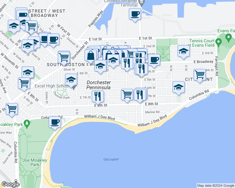 map of restaurants, bars, coffee shops, grocery stores, and more near 553 East 6th Street in Boston