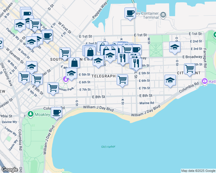 map of restaurants, bars, coffee shops, grocery stores, and more near 151 I Street in Boston