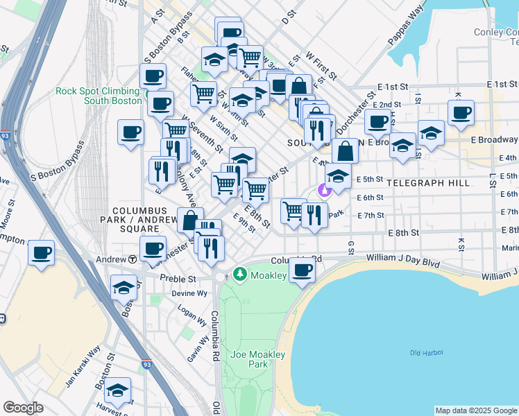 map of restaurants, bars, coffee shops, grocery stores, and more near 2 Telegraph Street in Boston
