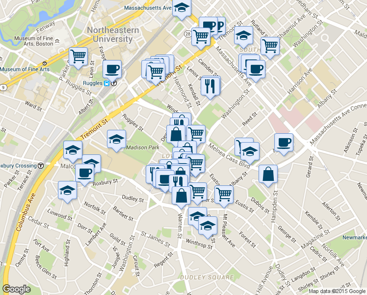 map of restaurants, bars, coffee shops, grocery stores, and more near 723 Shawmut Avenue in Boston