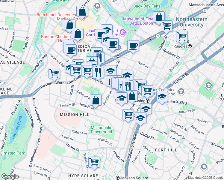map of restaurants, bars, coffee shops, grocery stores, and more near 1545 Tremont Street in Boston