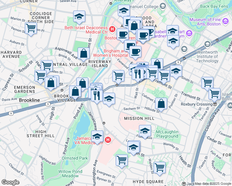 map of restaurants, bars, coffee shops, grocery stores, and more near 2 Shepherd Avenue in Boston