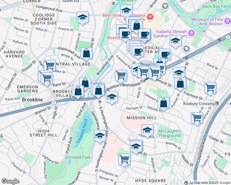 map of restaurants, bars, coffee shops, grocery stores, and more near 2 Shepherd Avenue in Boston