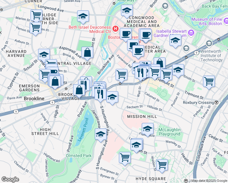 map of restaurants, bars, coffee shops, grocery stores, and more near 852 Huntington Avenue in Boston