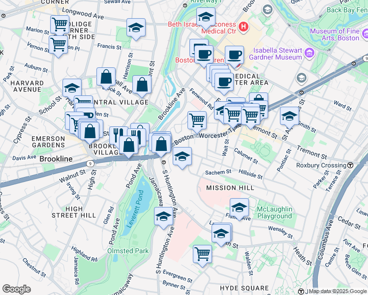 map of restaurants, bars, coffee shops, grocery stores, and more near 852 Huntington Avenue in Boston