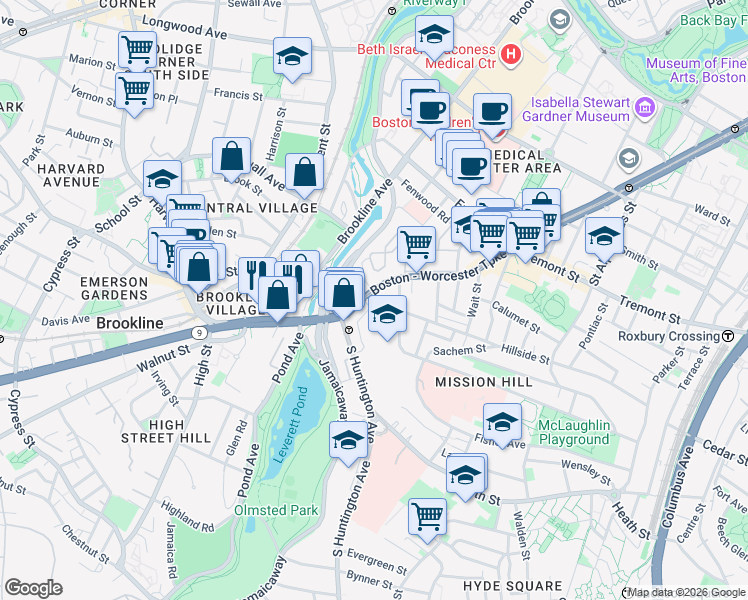 map of restaurants, bars, coffee shops, grocery stores, and more near 852 Huntington Avenue in Boston