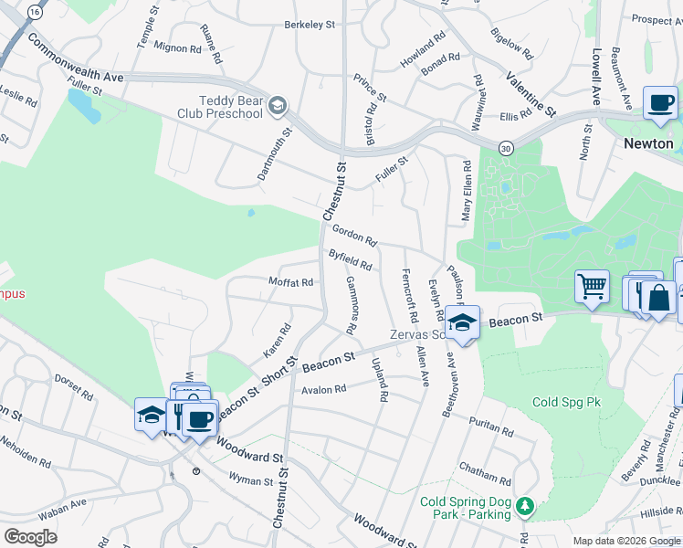 map of restaurants, bars, coffee shops, grocery stores, and more near 36 Byfield Road in Newton