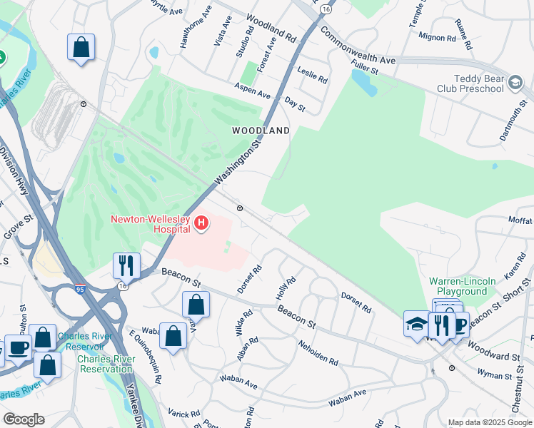 map of restaurants, bars, coffee shops, grocery stores, and more near 1940 Washington Street in Newton