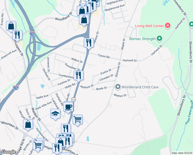 map of restaurants, bars, coffee shops, grocery stores, and more near 17 Eustis Street in Worcester