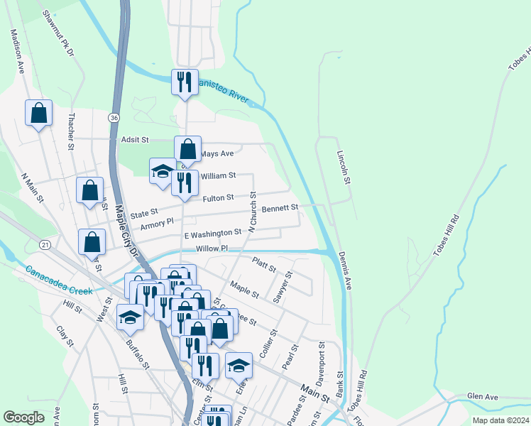 map of restaurants, bars, coffee shops, grocery stores, and more near 99 North Church Street in Hornell