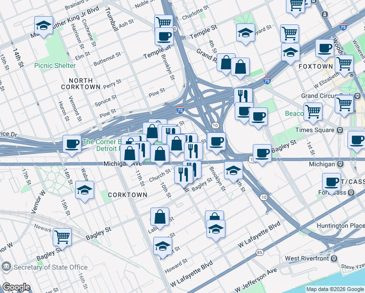 map of restaurants, bars, coffee shops, grocery stores, and more near 1329 Plum Street in Detroit