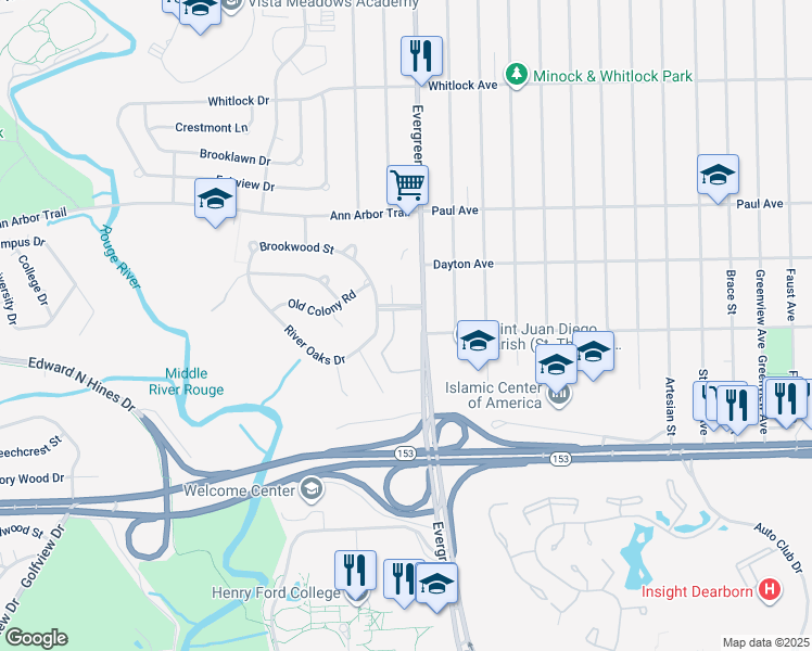 map of restaurants, bars, coffee shops, grocery stores, and more near 5961 Evergreen Road in Dearborn Heights