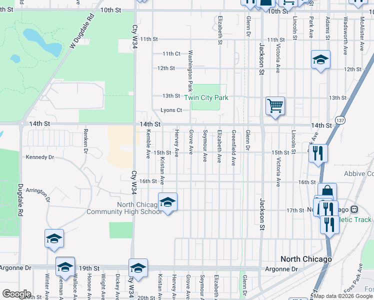 map of restaurants, bars, coffee shops, grocery stores, and more near 1435 Hervey Avenue in North Chicago
