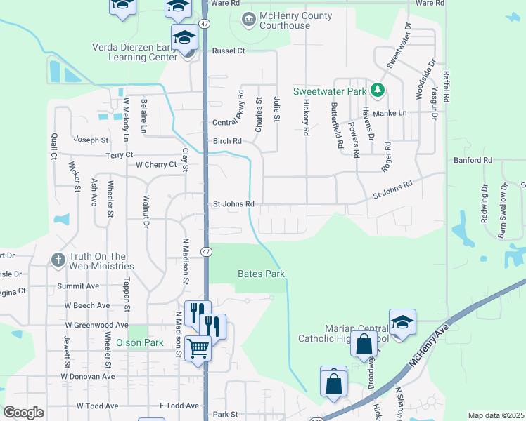 map of restaurants, bars, coffee shops, grocery stores, and more near 583 Saint Johns Road in Woodstock