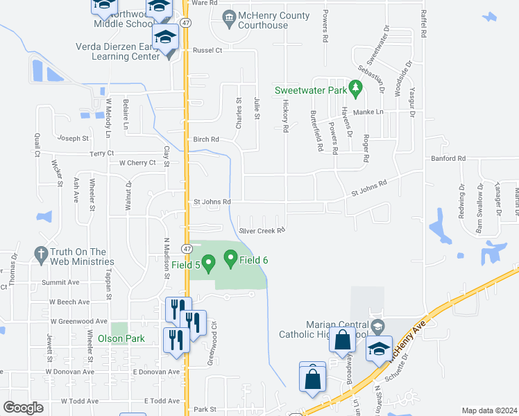 map of restaurants, bars, coffee shops, grocery stores, and more near 618 Saint Johns Road in Woodstock