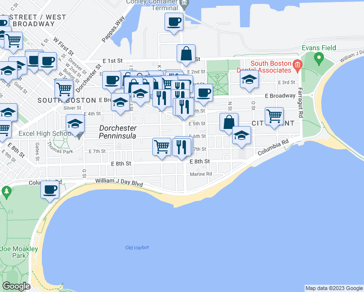 map of restaurants, bars, coffee shops, grocery stores, and more near 153 L Street in Boston