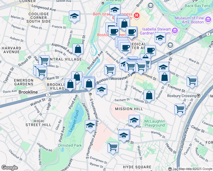 map of restaurants, bars, coffee shops, grocery stores, and more near 2 Shepherd Avenue in Boston