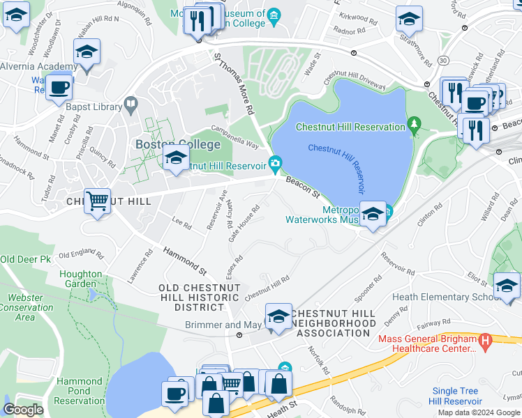 map of restaurants, bars, coffee shops, grocery stores, and more near 32 Gate House Road in Newton