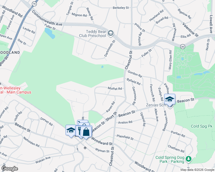 map of restaurants, bars, coffee shops, grocery stores, and more near 47 Caroline Park in Newton