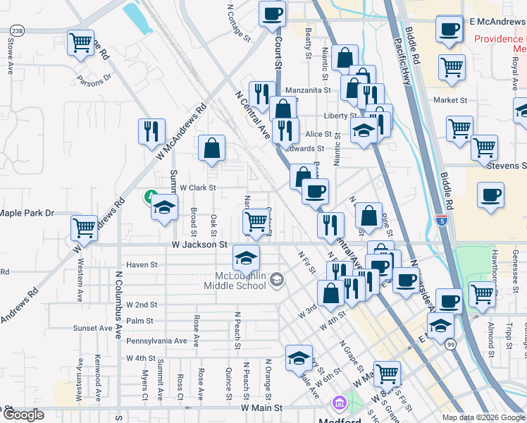 map of restaurants, bars, coffee shops, grocery stores, and more near 203 Bliss Street in Medford