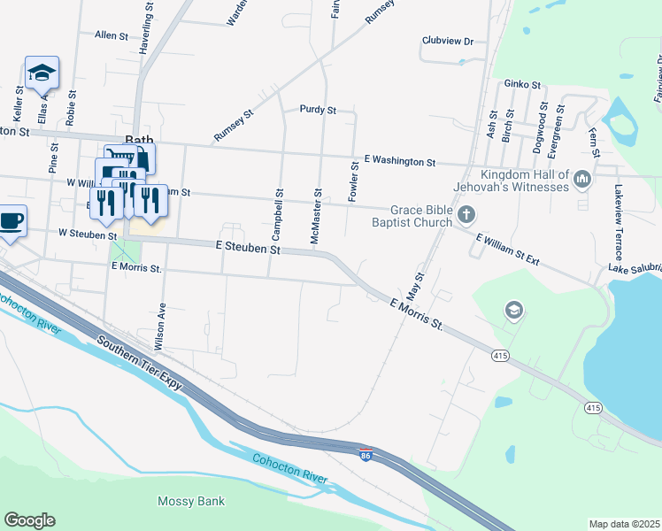 map of restaurants, bars, coffee shops, grocery stores, and more near 223 East Steuben Street in Bath