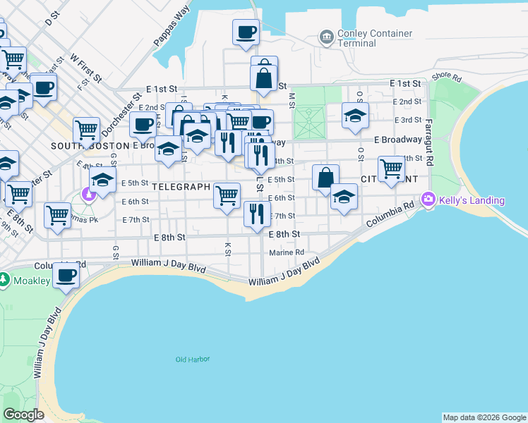 map of restaurants, bars, coffee shops, grocery stores, and more near 162 L Street in Boston