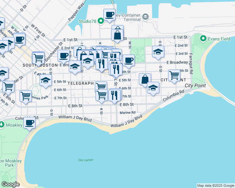map of restaurants, bars, coffee shops, grocery stores, and more near 139 L Street in Boston