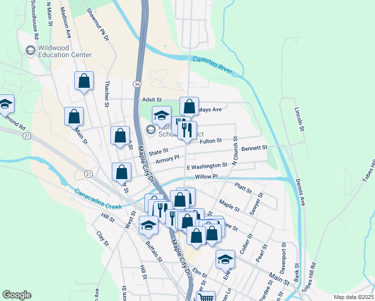 map of restaurants, bars, coffee shops, grocery stores, and more near 117 Seneca Street in Hornell