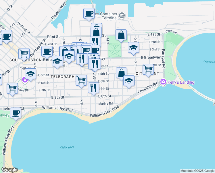 map of restaurants, bars, coffee shops, grocery stores, and more near 157 M Street in Boston