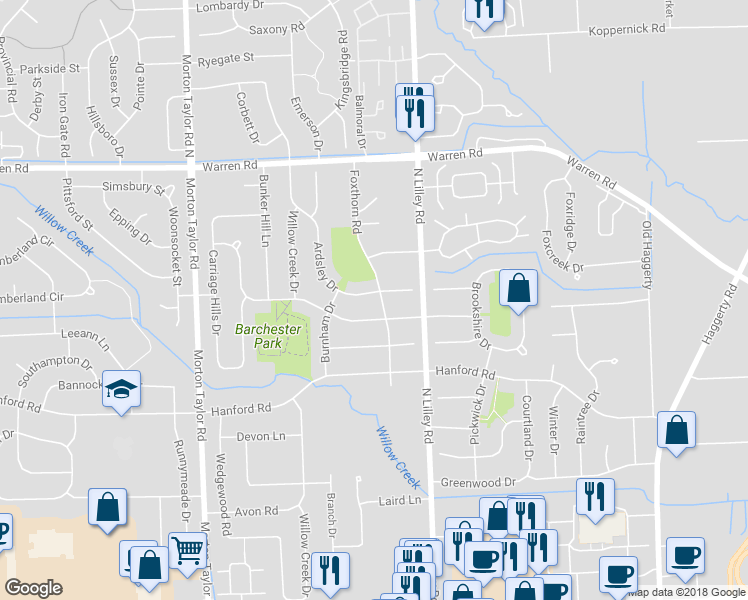 map of restaurants, bars, coffee shops, grocery stores, and more near 6745 Foxthorn Road in Canton