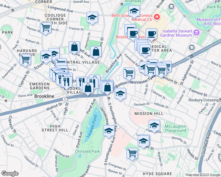map of restaurants, bars, coffee shops, grocery stores, and more near 883 Huntington Avenue in Boston
