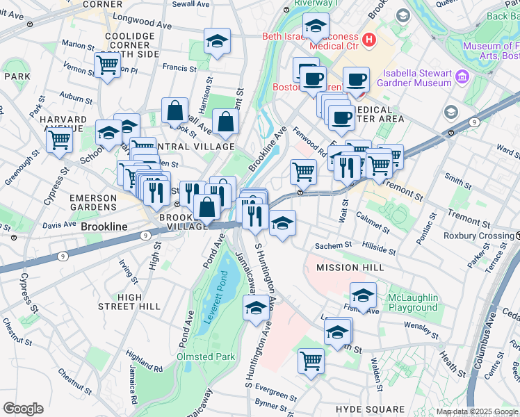 map of restaurants, bars, coffee shops, grocery stores, and more near 883 Huntington Avenue in Boston