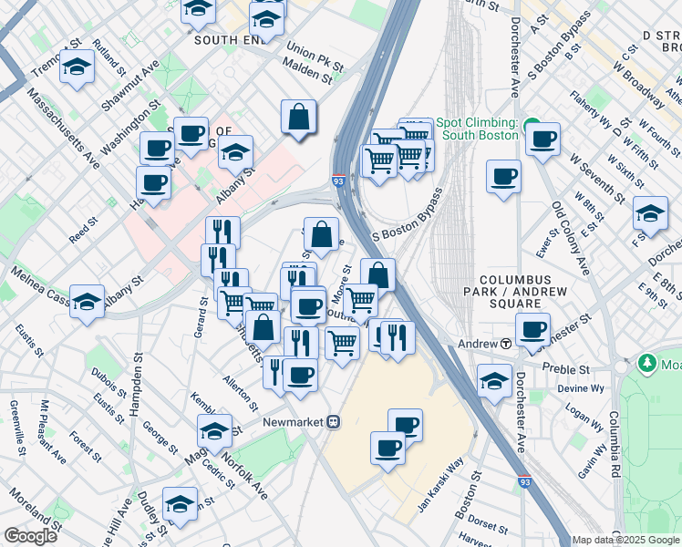 map of restaurants, bars, coffee shops, grocery stores, and more near 1201 Moore Street in Boston