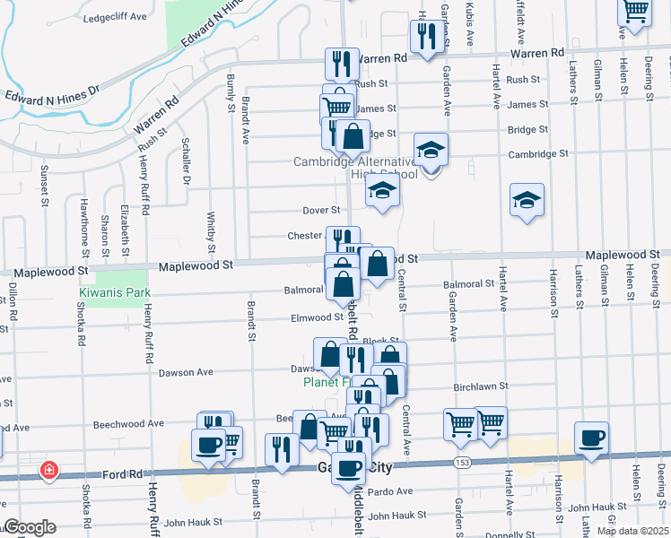 map of restaurants, bars, coffee shops, grocery stores, and more near 29454 Maplewood Street in Garden City