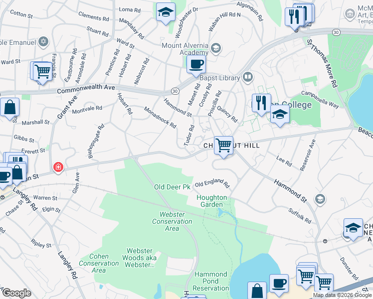 map of restaurants, bars, coffee shops, grocery stores, and more near 60 Tudor Road in Newton