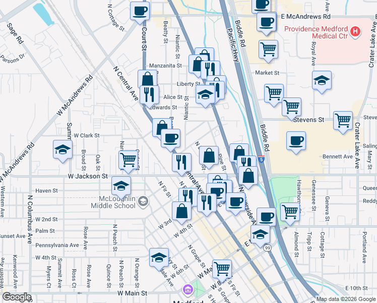 map of restaurants, bars, coffee shops, grocery stores, and more near 710 Niantic Street in Medford
