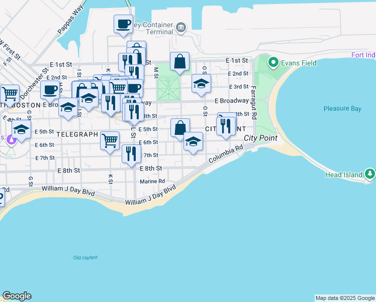 map of restaurants, bars, coffee shops, grocery stores, and more near 741 East 6th Street in Boston
