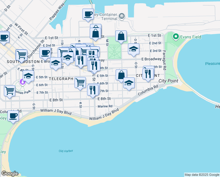 map of restaurants, bars, coffee shops, grocery stores, and more near 697 East 6th Street in Boston