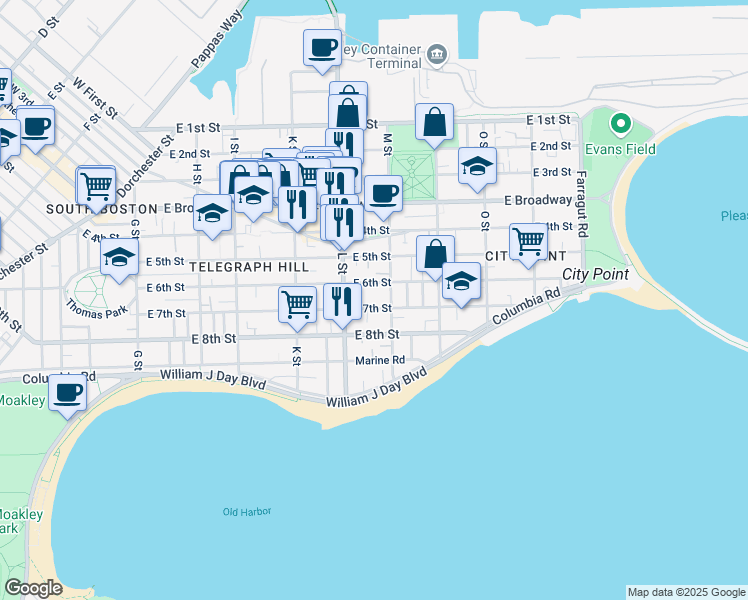 map of restaurants, bars, coffee shops, grocery stores, and more near 661 East 6th Street in Boston