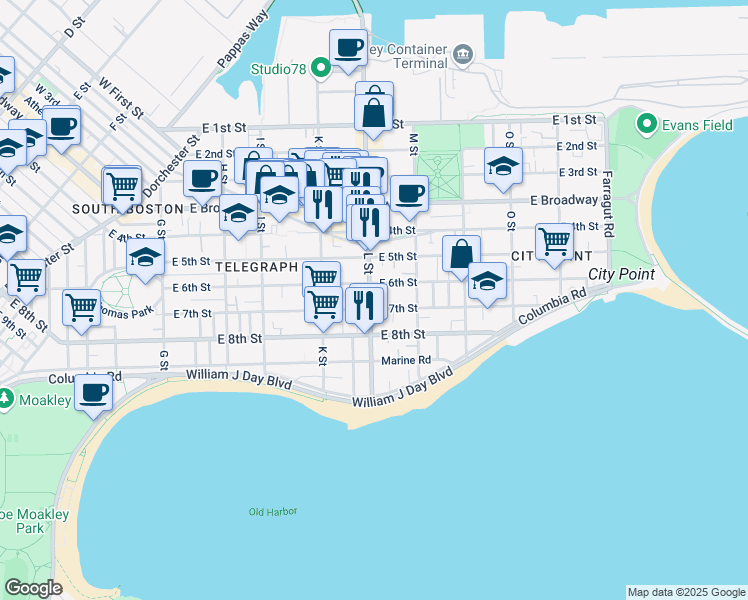 map of restaurants, bars, coffee shops, grocery stores, and more near 139 L Street in Boston