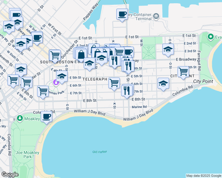 map of restaurants, bars, coffee shops, grocery stores, and more near 553 East 6th Street in Boston